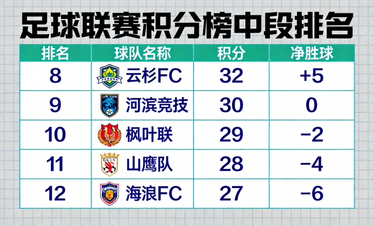 足球联赛积分榜中段球队排名情况展示