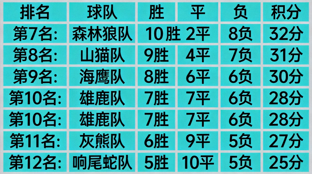 足球联赛积分榜中段球队排名情况展示画面